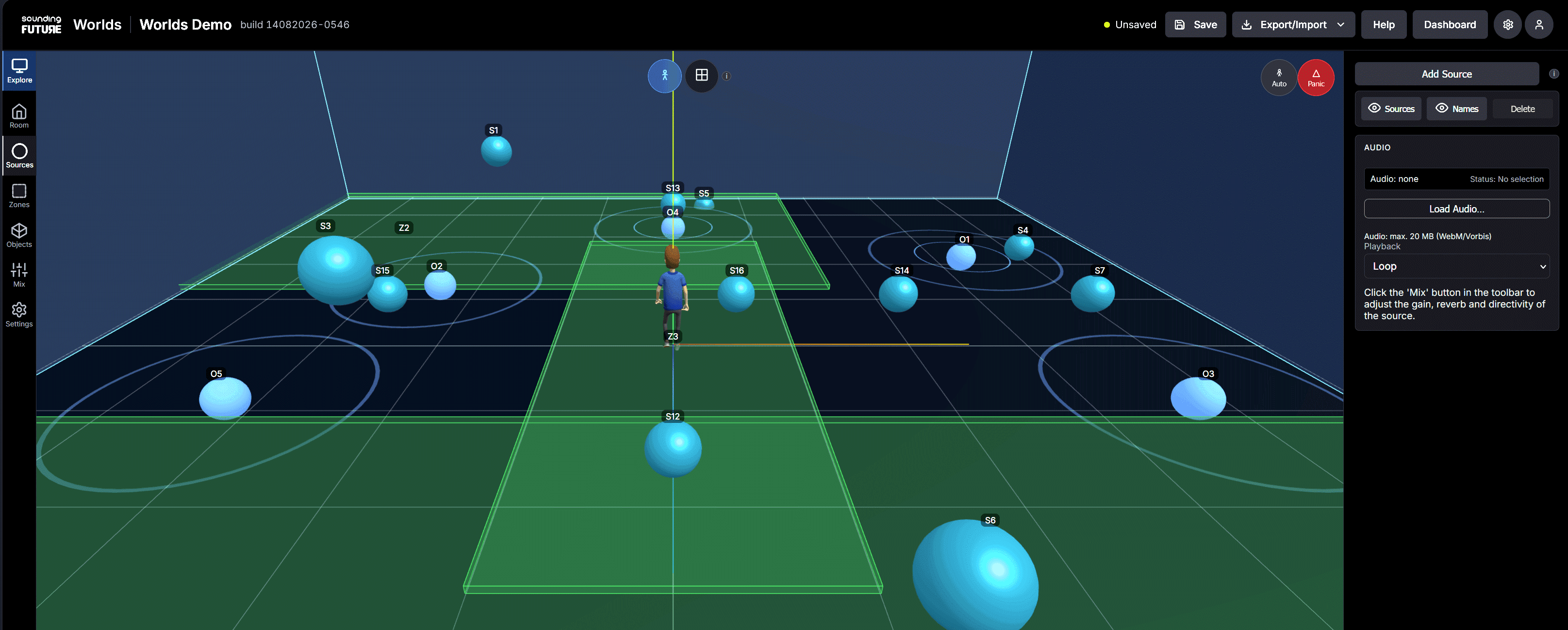 The Worlds editor showing a box room with sound sources, zones and objects placed across the floor