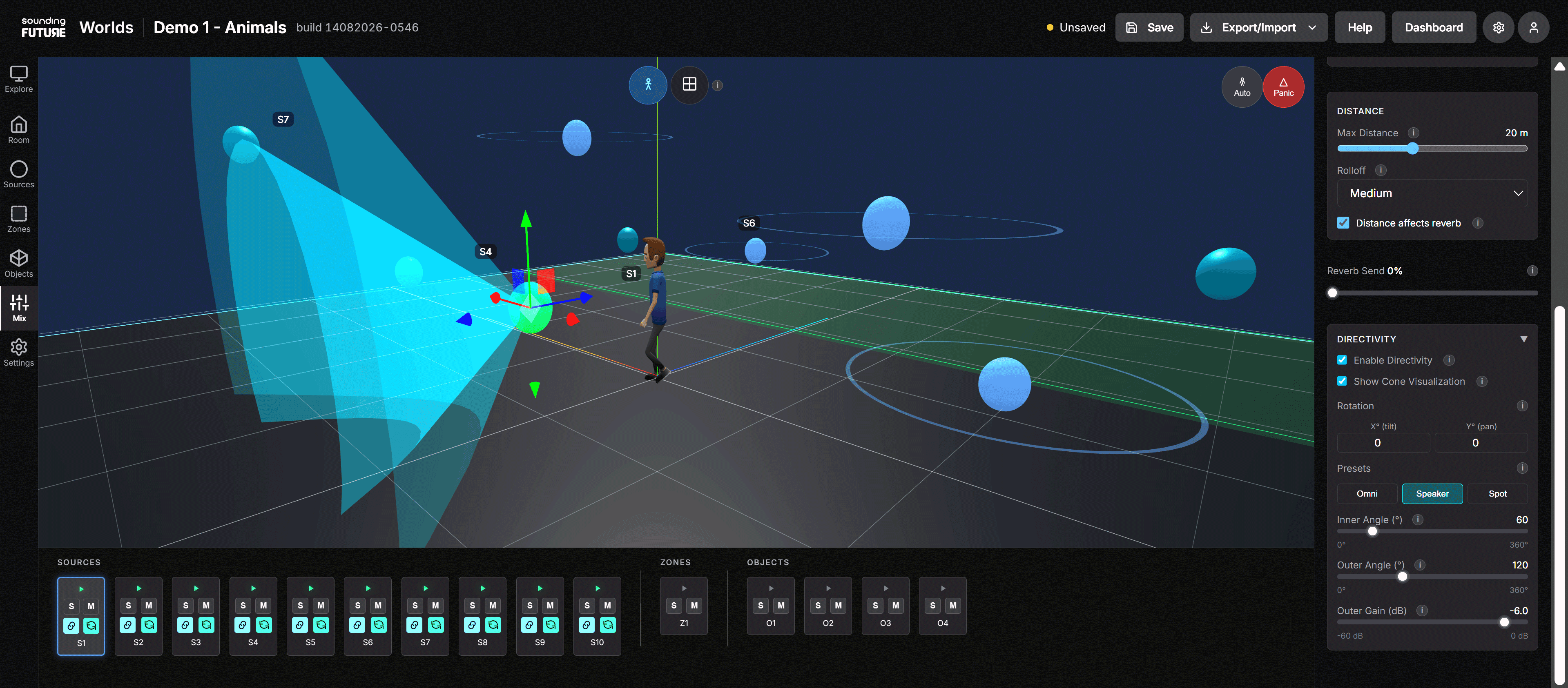 The Worlds mixer: per-source channel strips with mute and solo, alongside distance, reverb send and directivity controls