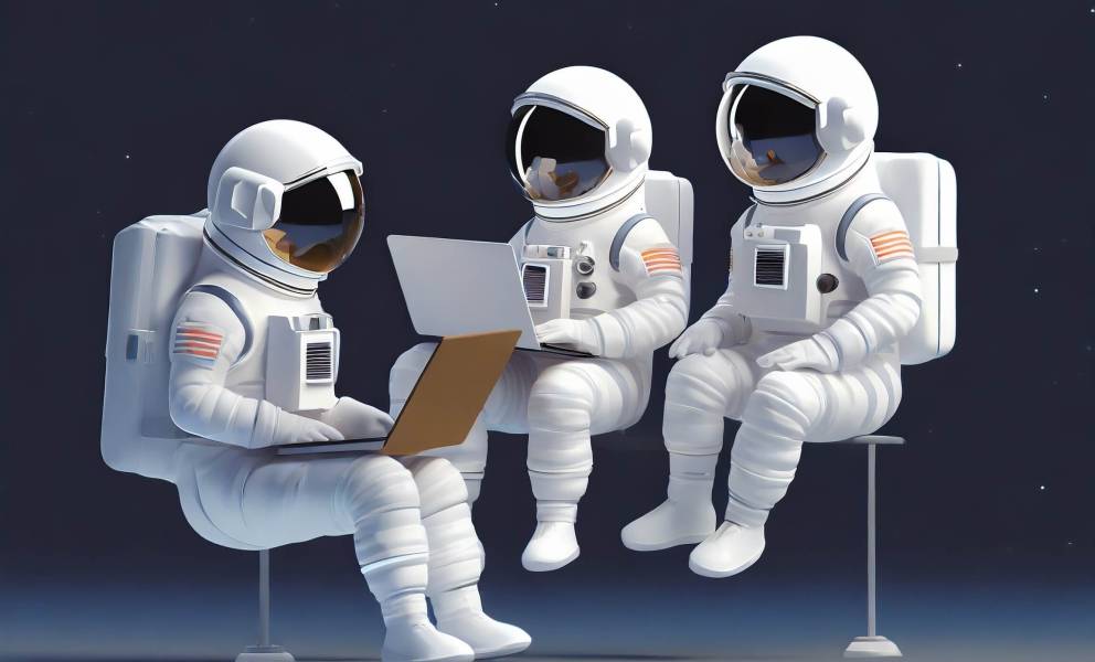 astronauten mit laptop im orbit